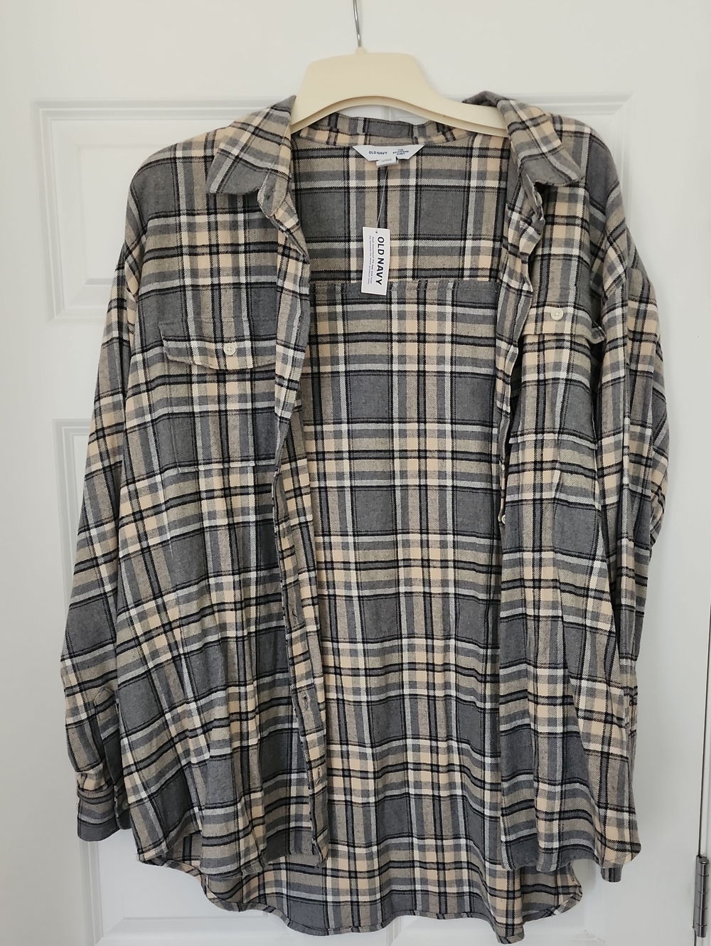 Old Navy Gray and Beige Plaid Flannel Shirt